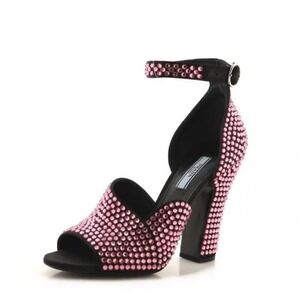 Prada Embellished Crystal Ankle Strap Block Heel Sandals Pink Women's Shoes 38.5